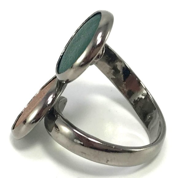 Silver Tone Leather Disc Statement Ring Adjustable Teal and Brown - Picture 4 of 6